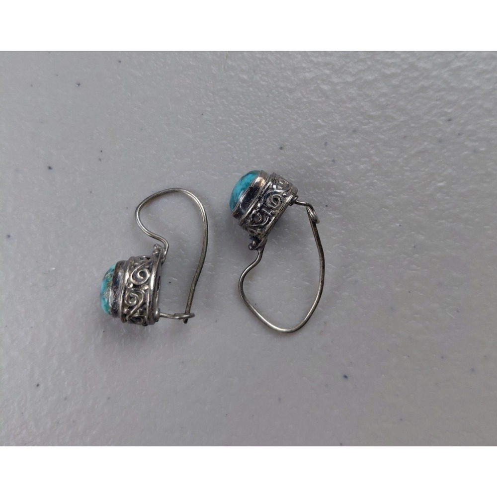 Vintage 925 Sterling Silver Oval Turquoise Bezel Dangle Drop Hook Earrings RARE